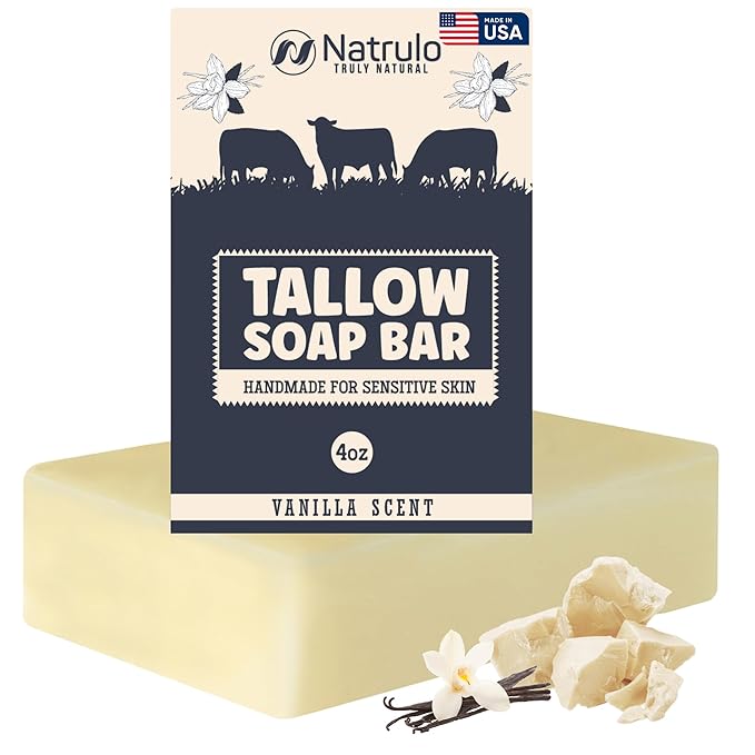 Beef Tallow Soap Bar – All Natural Grass Fed Tallow Soap Vanilla – Moisturizing Face & Body Wash Great for Eczema, Dry, Itchy, Sensitive Skin – Handcrafted Bath Soap for Adults, Kids, Made in USA