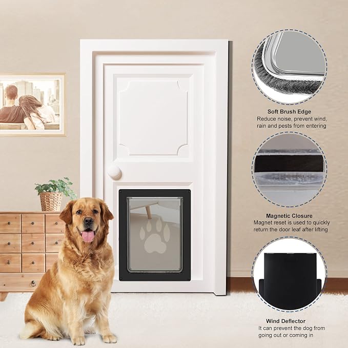 CEESC Large Dog Door, Snap-in Closing Panel, Up to 80 lbs, Durable, Black | Flap 11.75"x16.5", cut-out 12.4"x15.5". Fits doors 1.25-2.06in. Weatherproof ABS, magnetic seal