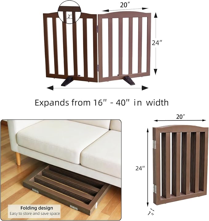 ZJSF Foldable Freestanding Indoor Dog Gate for House Wood Long Pet Gates Dog Fence for Stairs Puppy Gates for Hallways, Puppy Gate,Support Feet Included, Brown, 24 "Height-2 Panels