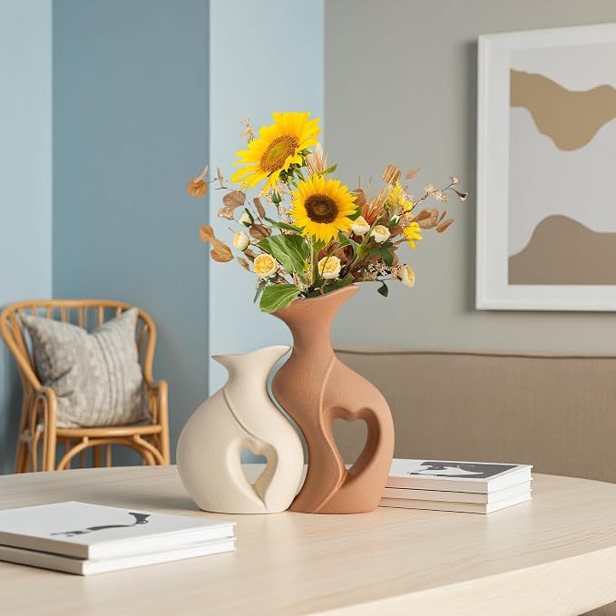 Beige and Brown Ceramic Vase Set of 2，Heart Shaped Home Decor | Nordic, Modern, Table Centerpiece Dining Living Room Office Coffee Table Wedding House Decoration, H 8.5 Inches