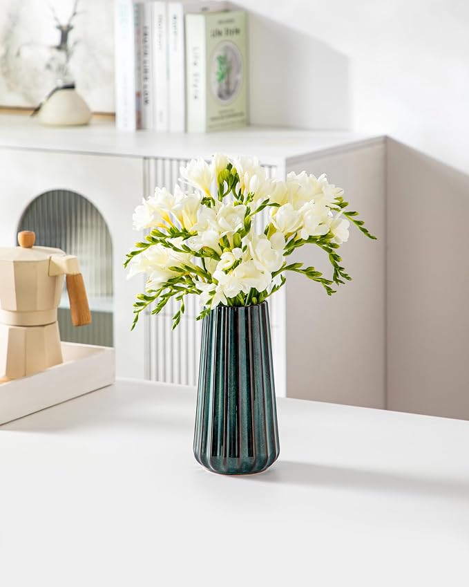 vancasso Ceramic Vase, 7.8 Inch Modern Ribbed Glossy Decorative Vase, Flower vase for Home Decor, Living Room, Bedroom, Office Decor, Green