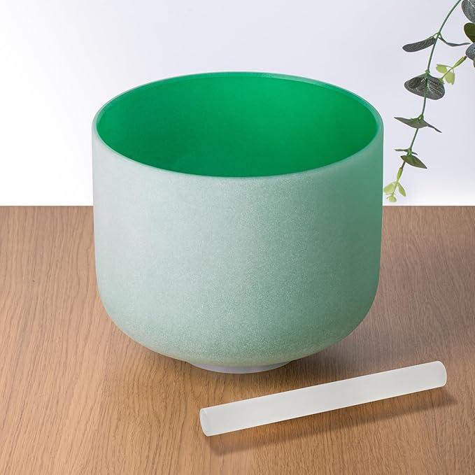 432hz 8 inch Green F Note Heart Chakra Quartz Crystal Singing Bowl with Resonance Striker for Healing Mindfulness Meditation Yoga Sound Baths