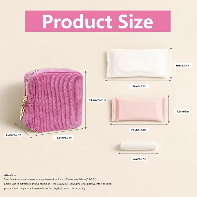 Period Bag for Girls, Corduroy Period Kit with Sanitary Pad Pouch, Menstrual Storage Bag and Tampon Holder for Purse, Girls School Essentials,Feminine Care Organizer(Rose Red)