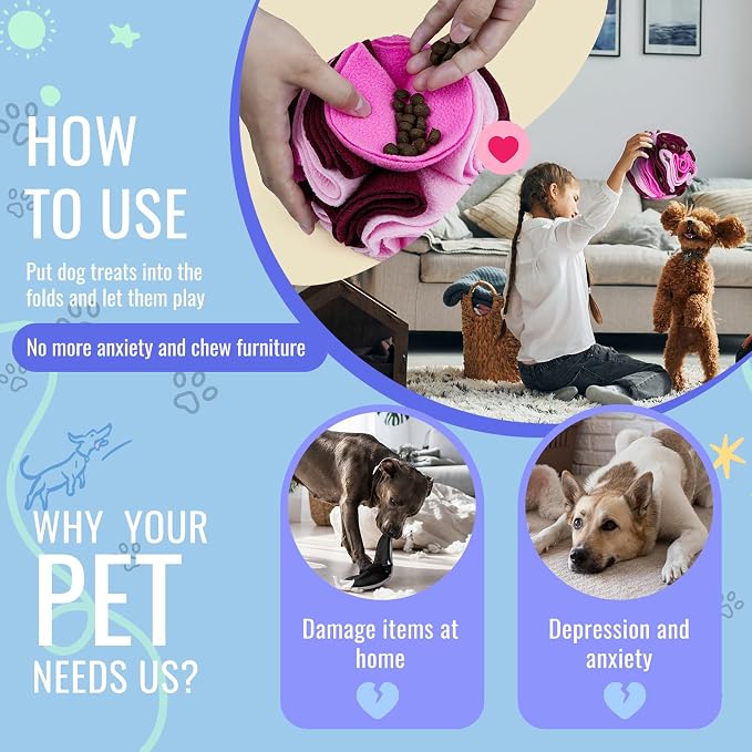 Pet Snuffle Ball, Puzzle Sniffing Interactive Dog Ball for Blind Dogs Training Stress Relief Dog Enrichment Toys Treat Machine Washable (20cm, Fantasy Pink)