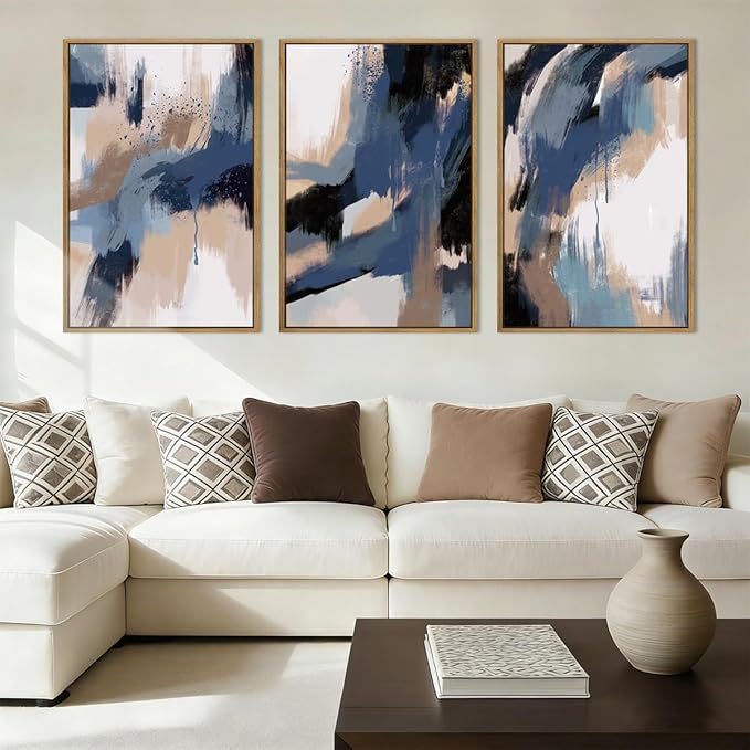 Extra Large Blue Neutral Wall Art Decor Modern Abstract Wall Painting Framed Artwork for Living Room Bedroom Office 24x36 Inch Set of 3