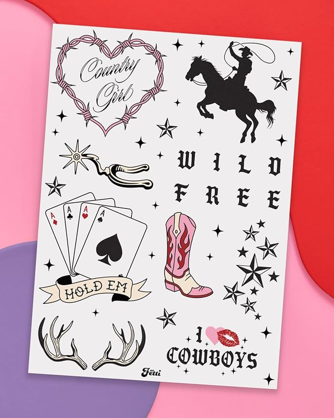 xo, Fetti Realistic Western Temporary Tattoos - 38 pcs | Rodeo Bachelorette, Birthday Favors, Cowgirl Party Accessory, Wild West Fake Tats