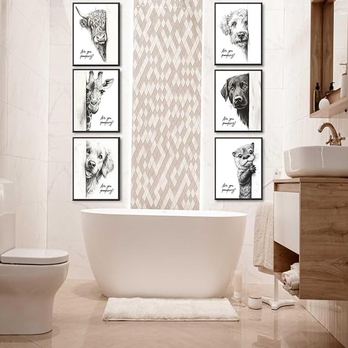Funny Bathroom Wall Art Set of 6 Black and White Bathroom Posters Unframed | Premium Canvas Prints, Cute Animal Wall Decor, Retro Funny Toilet Art Prints for Wall Decoration, 8x10Inch