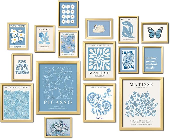 16 PCS Blue Wall Art Decor, Matisse Gallery Wall Prints for Bedroom, Light blue posters for Room Aesthetic, Collage Kit Pictures for Living Room, Teen Girls Dorm Home Artwork