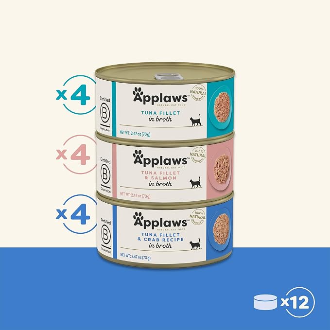 Applaws Fish Variety in Broth Wet Cat Food, 3-Flavor 12-Pack 2.47 oz Cans | 100% Natural, High Quality Ingredients, High Protein, No Artificial Additives, Limited Ingredients