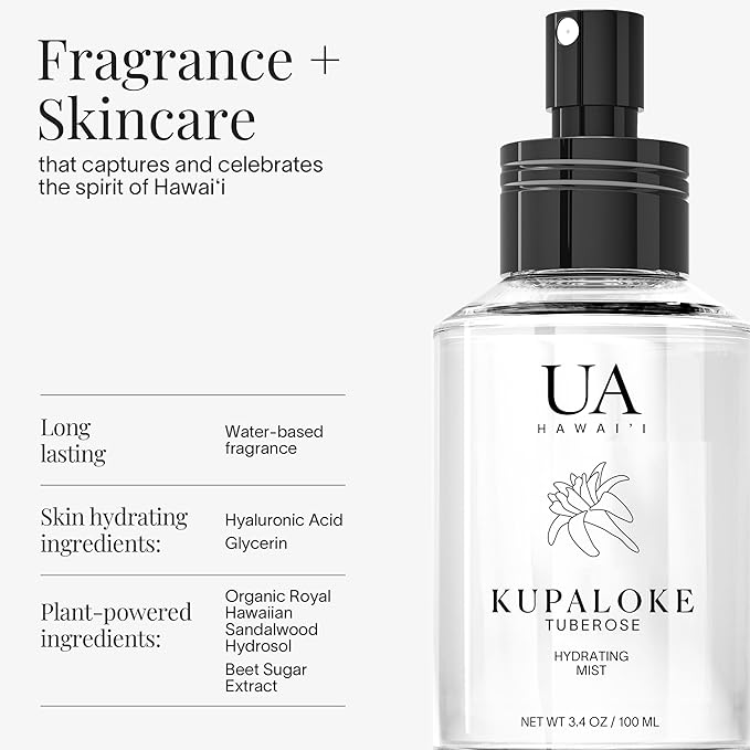 Kupaloke Tuberose Body and Hair Mist from Hawaii, Hair Perfume for a Light, Hydrating Refresh, Body Mist for Women and Men, Alcohol-Free, With Moisturizing Hyaluronic Acid & Glycerin, 3.4 oz