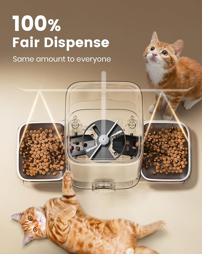 oneisall Automatic Cat Feeder for 2 Cats Pets, 20 Cups/5L | Prevent Fighting, Precise Portions, Balanced Dispensing, Large Kibble Support, Non-Slip & Stable, Stainless Steel Bowls