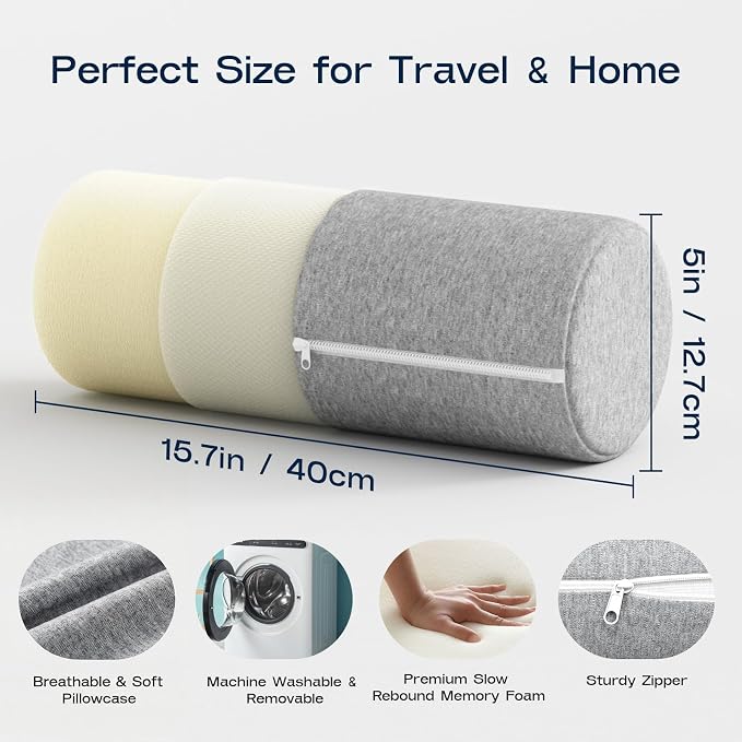 Neck Roll Pillow for Neck Pain Relief - Memory Foam Neck Support Pillow for Bed, Cylinder Pillows, Round Neck Pillow for Sleeping, 15.7 * 5 * 5 inch (Grey)