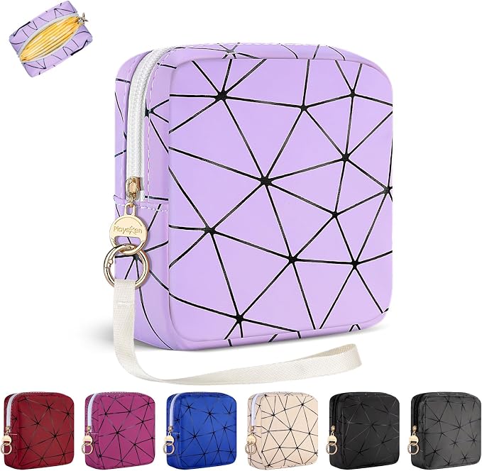 Period Bag for Teen Girls, PU Leather Sanitary Napkin Storage Bag, Menstrual Pad Bag Tampon Holder for Purse (Purple)