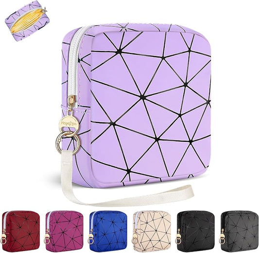 Period Bag for Teen Girls, PU Leather Sanitary Napkin Storage Bag, Menstrual Pad Bag Tampon Holder for Purse (Purple)