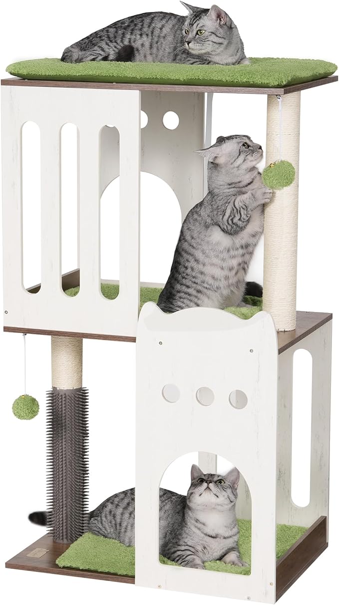 43.7in 3-Tier Modern Cat Tree Tower Condo, Cat Scratch Posts for Indoor Cats, Big Plate, Two 19.7in Full Sisal Scratching Posts, White