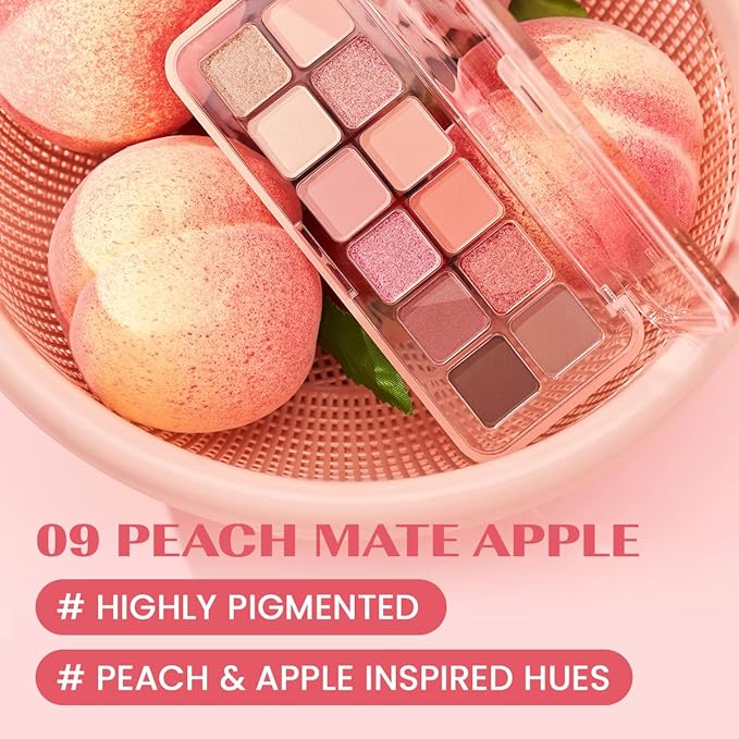 CLIO Pro Eye Palette Air, 12-Color Eye Shadow Palette, Matte Shimmer Mix, Air-Fit Blendable Pigmented Buildable Color, Low Fallout, Peach Coral Neutral Tone, Daily Korean Makeup (09 PEACH MATE APPLE)