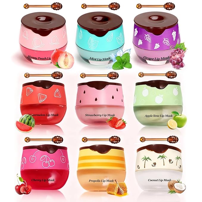 Honey Lip Balm, Strawbemy Apple Watermelon Cherries, Coconuts, Peaches, Grapes, Mint Lip Mask, Moisturizing Lip Sleeping Mask, Hydrate Repair Prevent Dry Cracked Lip (9 Flavors)