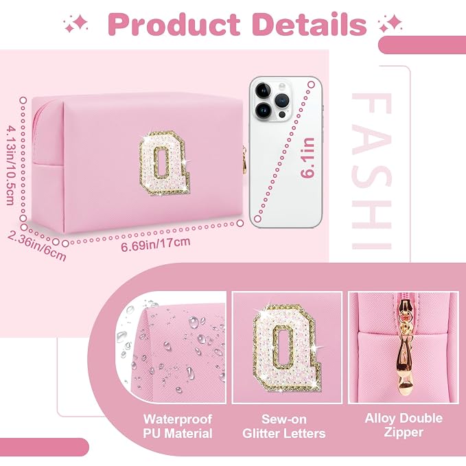 Small Personalized Initial A-Z Patch Makeup Bag,Pink Cute PU Leather Glitter Letter Cosmetic Bag for Teen Girls,Travel Toiletry Bag with Zipper,Preppy Monogrammed Birthday Gift for Daughter Niece Q