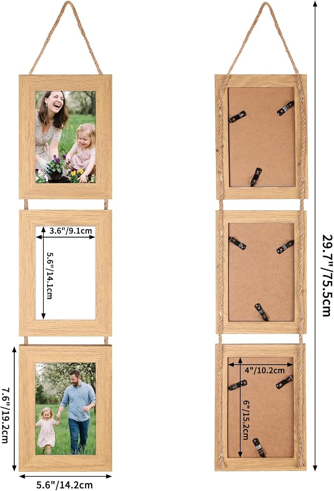 QUTREY 4x6 Collage Picture Frames, 6 Openings Vertical Hanging Photo Frame Set of 2 for wall, 4 by 6 inch Multi Picture Frames for Mother's Day Birthday Anniversary, Natural Wood
