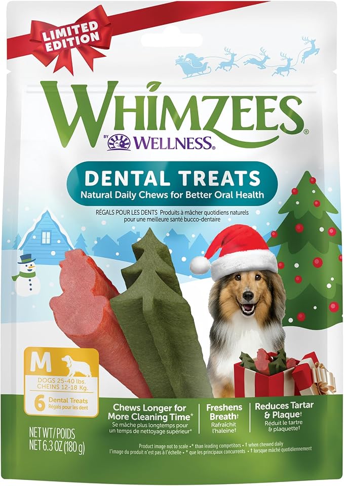 Wellness WHIMZEES Holiday Natural Dog Dental Treat, Christmas Winter Seasonal Gift, Chews, Freshens Breath, Medium Size, 6.3 oz Bag, 6 Count