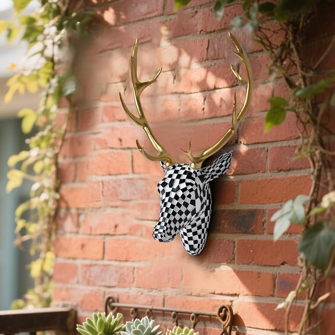 GIGICICI Mosaic Deer Head Wall Decor 15.7x8.7 Inch, Artistic Faux Resin Animal Head Wall Sculpture Hanging for Living Room Bedroom Kitchen Office, Black-White Gift