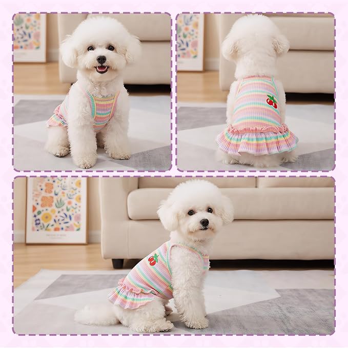 Jmkcoz Cute Striped Dog T Shirts Puppy Dress Pet Sleeveless Vest Clothes | Pink, Large, Soft, Lightweight, Breathable, Washable, Worn in All Seasons, Cherry Dog Shirts for Small Dogs Cats Chihuahuas