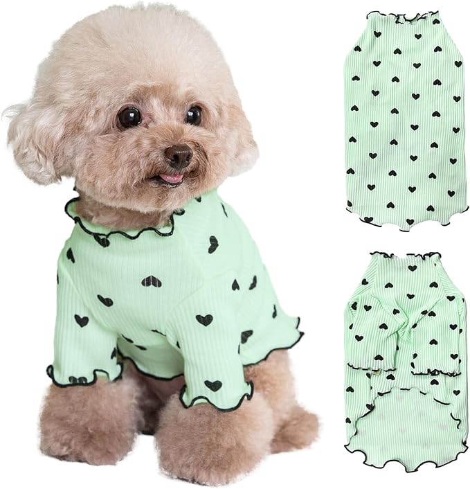 Pet Clothes for Small Dogs Cat Summer Fall Heart Print Shirt Stretchable Ruffle Long Sleeve Outfits for Chihuahua Schnauzer Shih Tzu Yorkie (Green, Small)