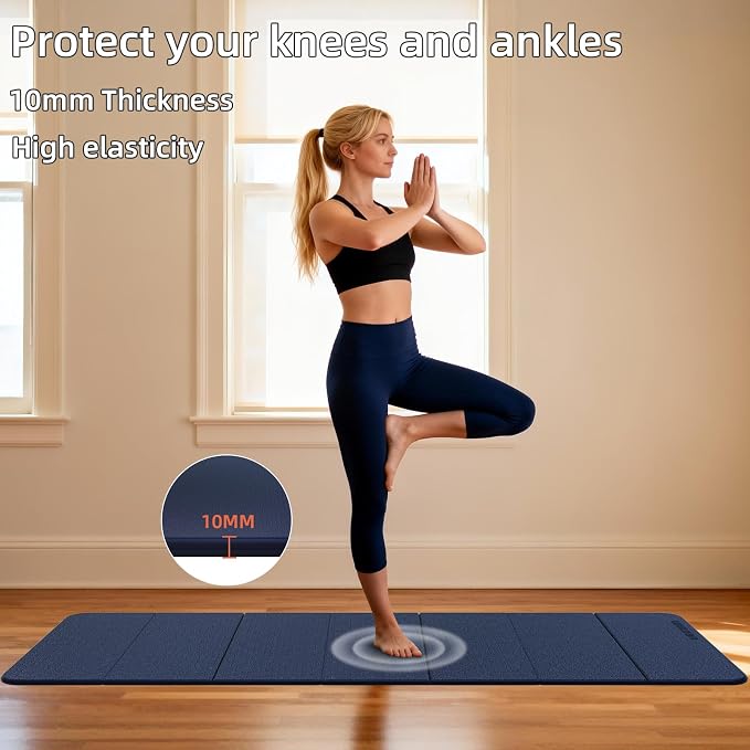 Foldable TPE Yoga Mat Thick 10mm,75" x40"Extra Large Exercise Mats | Stretch Mat Non-slip Fitness Folding Mat Easy to Carry,Wide Gym Mats for Women Men Suitable for Home Workout Travel Pilates