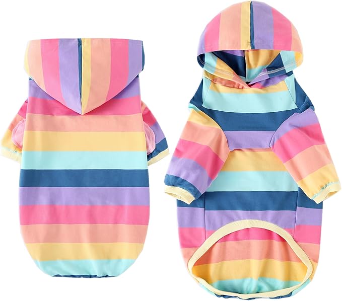 Dog Cotton Hoodie Pullover Sweatshirts Soft and Stretch Pets Clothes Rainbow Stripe Hooded for Medium Large Dogs L