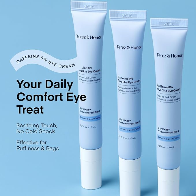 TEREZ & HONOR 8% Caffeine Eye Cream with SLIMEXIR™ & Korean Herbal Blend – Dermatologist Tested Formula for Dark Circles, Puffiness, Eye Bags & Wrinkles with Gua Sha Applicator, 0.67 fl oz
