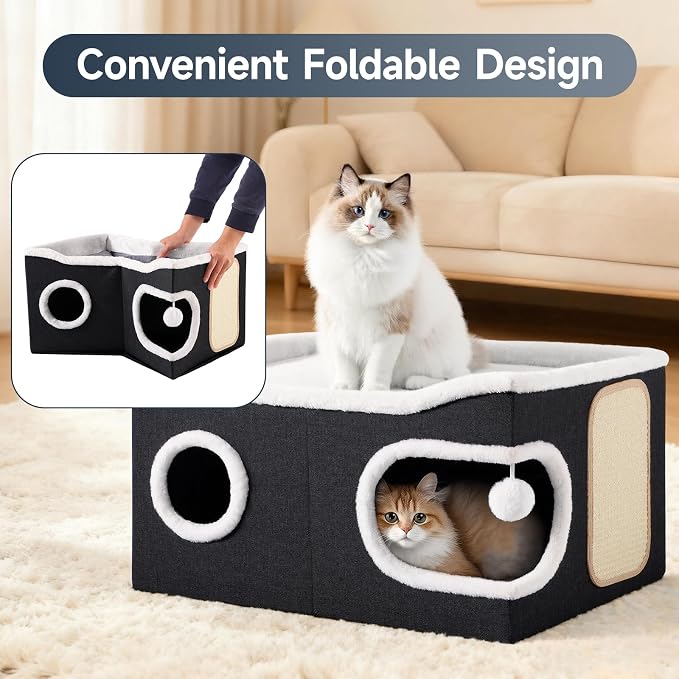 Shikha Extra Large Cat House Bed for Multi Cats with Scratch Pad Black | 24 x 17.7 x 12.6 IN Widen Cat Cave Cube for Multi Pets, Foldable, Arc-Edge Design, Oval Door, All Seasons Reversible Cushion