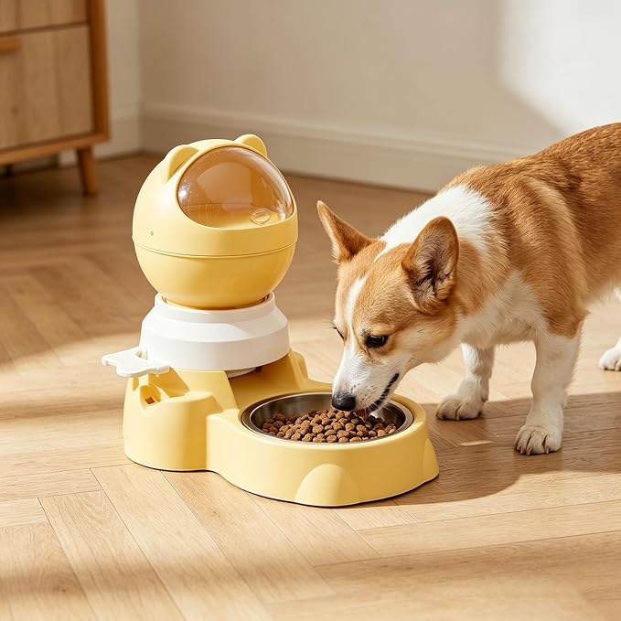 Automatic Gravity Pet Feeder Dispenser,Treat Dispenser with Button for Slow Feeder,Dog Waterer and Food Feeder for Cats Dogs (Yellow)