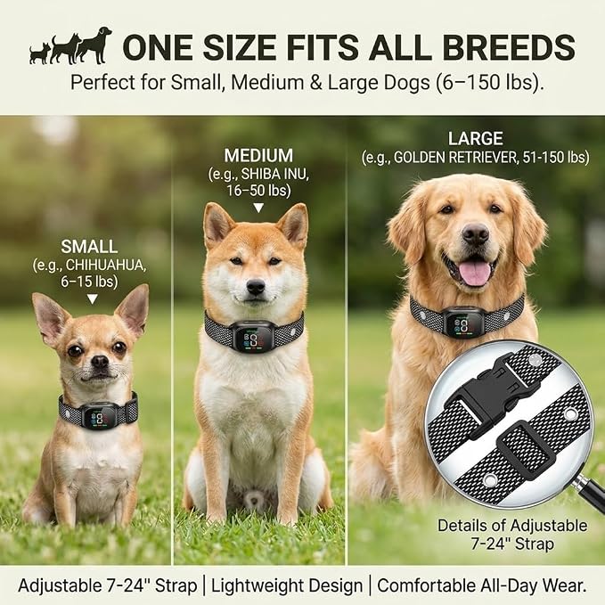 Anti Bark Vibration Collar Device for Large Medium Small Dogs 6-150lbs Smart Ai Automatic Puppy Dog Beep No Shock Barking Training Collars Rechargeable IP67 Waterproof Adjustable 8 Sensitivity