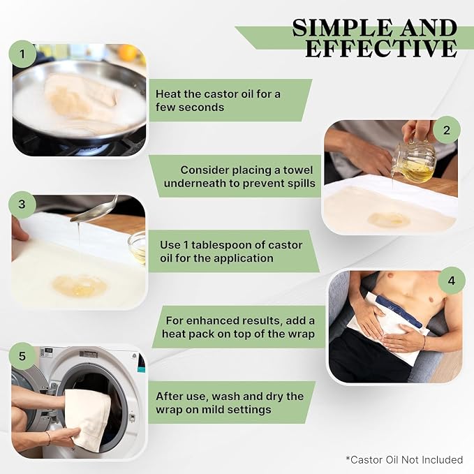 LONDON LINENS 100% Natural Cotton Flannel Castor Oil Pack Wrap - Unbleached, Reusable Castor Oil Wrap for Abdomen, Joints & Other Areas with Front Pocket for Hot & Cold Pack (Pack of 6)