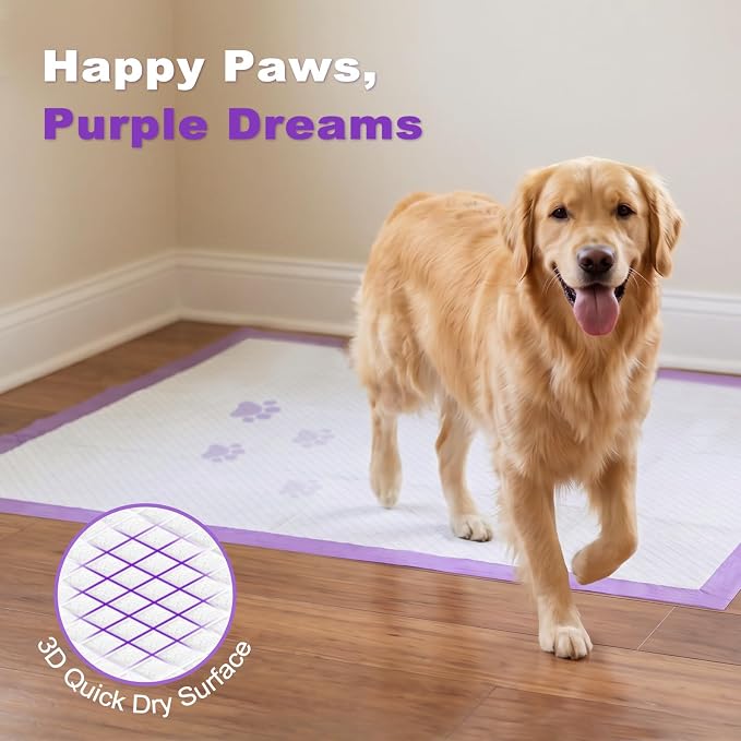 MIZOK Dog Pee Pads Wee Wee Pads Lavender Odor Control XXL 28x44in 30Ct | Purple Doggy Pads with Sticky Adhesive Tabs Bring Soothing Comfort to Your Home for Medium to Large Breed Puppies