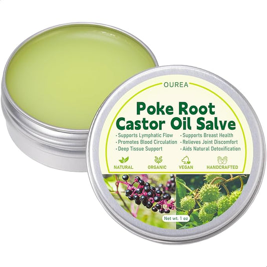 Poke Root Castor Oil Salve, Organic Lymphatic Support Massage Balm, Deep Tissue Ointment for Cyst, Boils, Breast, Fibroids, Swollen Lymph Nodes & Joint, Natural, Vegan - 1 Oz