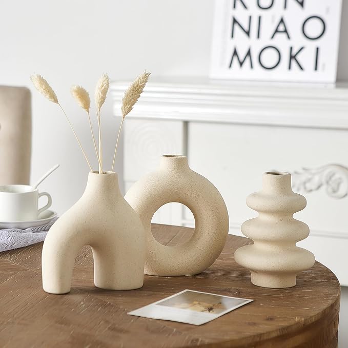 White Ceramic Vase Set of 3, Small Flower Vases for Pampas Grass | Modern Boho Vase for Decor, Round White Vases Centerpieces for Wedding Living Room Bedroom Coffee Table Dinner Table