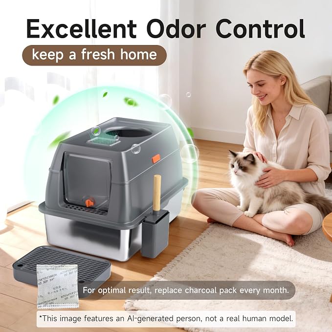 XL Enclosed Stainless Steel Litter Box with Lid, Dark Gray | covered, High Sided, Rustproof & Leak Proof, Easy Clean, Odor Control, Includes Scoop & Step