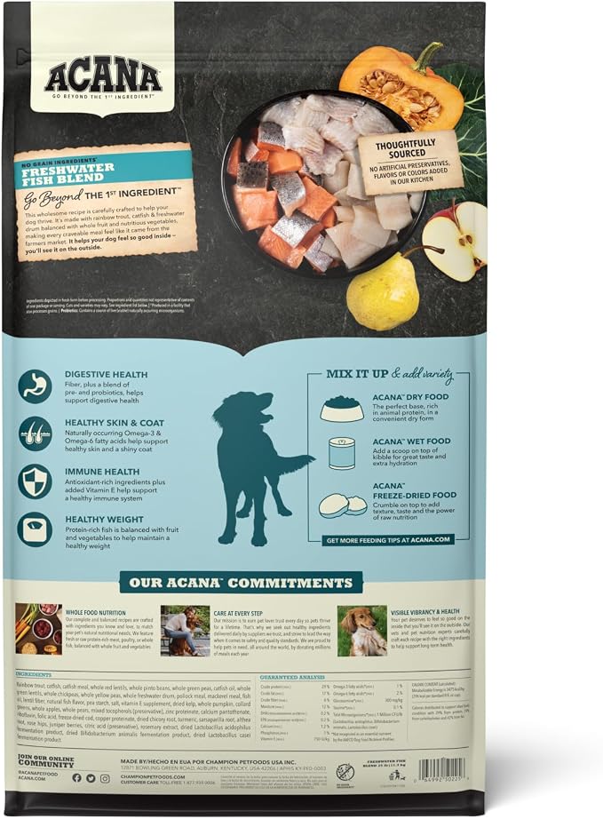 ACANA Grain Free Dry Dog Food Freshwater Fish Recipe 25lb Bag | Freeze Dried, Grain Free, High Protein, Made in the USA, Global Quality Ingredients, Nutrients and Flavor Preserved