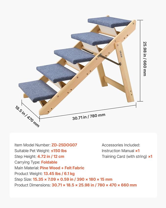 VEVOR Wood Pet Stairs, 5-Step Dog Stairs for Beds, Sofa & Cars, Floded Flat | For Small Medium Large Older Pet Puppy Essentials, 150lbs Load Capacity, Stable & Sturdy Cat & Dog Step Ladder, Non-Slip