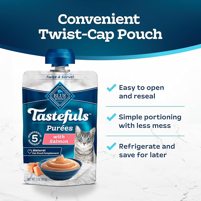 Blue Buffalo Tastefuls Purees Salmon Cat Food Topper, 3 oz, 12 ct | Resealable Twist Cap, Serve Over Food or as a Snack, Cat Food Complement