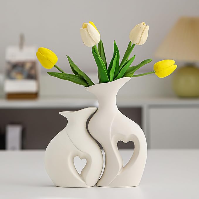 White Ceramic Vase Set of 2,Heart-Shaped Home Decor Vase | Minimalist Nordic Boho, For Wedding, Living Room, Dining Table, Bedroom, Entryway, Office, Coffee Table