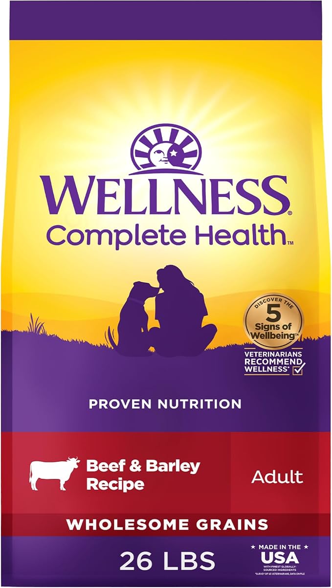 Wellness Complete Health Adult Dry Dog Food, Wholesome Grain Kibble, Natural, Beef and Barley Recipe, 26 lb Bag