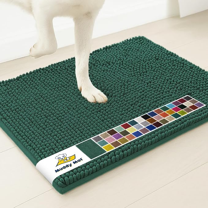 Muddy Mat® | Super Water Absorbent Door Mat Indoor, Microfiber Quick Dry Chenille Entryway Rug, Slip Resistant Front Door Mat, Indoor Mats for Entryway, Machine Washable Pet Rug, Dark Green 26" x 42"
