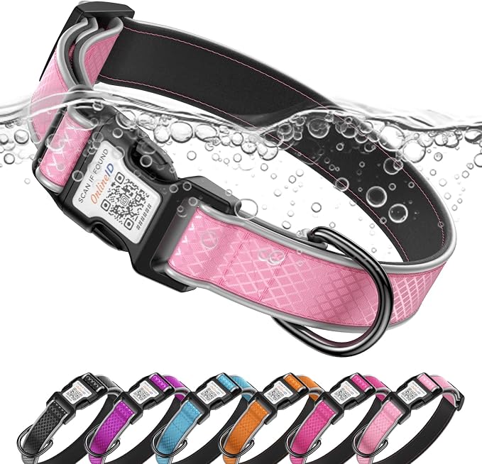 Reflective Dog Collar with QR Code Tag, Neon Pink L (15.7"-23.6")