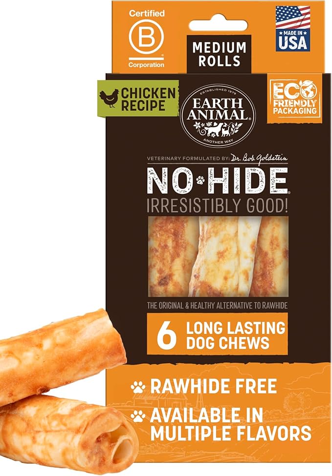 Earth Animal No Hide Dog Chews - Rawhide Free Medium Rolls 6 Count Chicken | Medium Chicken Flavored Natural Rawhide Free Long Lasting Dog Chews - Treats for Medium Dogs and Aggressive Chewers