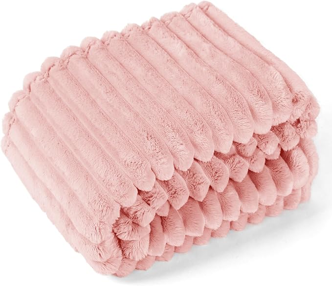 EXQ Home Fleece Blanket Twin Size for Couch or Bed - 3D Stripe Jacquard Decorative Blankets - Cozy Soft Lightweight Fuzzy Flannel Blanket Suitable for All Seasons(60"×80",Pink)