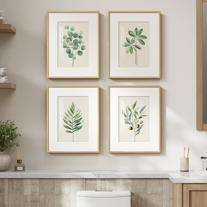 Framed Sage Green Botanical Wall Art for Bathroom, 4 Piece Farmhouse Minimalist Plant Artwork for Walls, Boho Green White Leaf Pictures Prints for Bedroom Kitchen Living Room Wall Decor, 11x14 Inch
