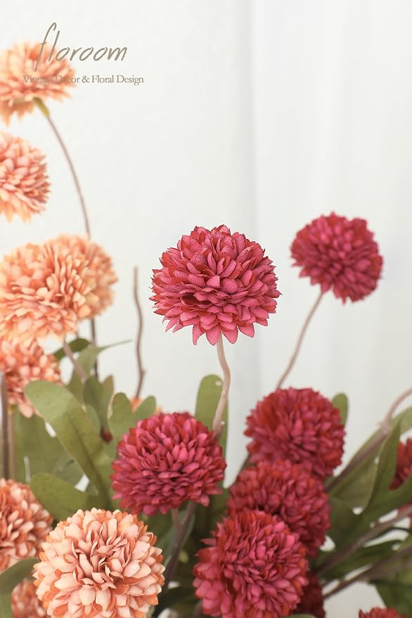 9pcs Dark Red Burnt Orange Mix Faux Silk Mums Artificial Flowers, Bulk Fake Small Mini Chrysanthemums with Stems for DIY Wedding Centerpieces Floral Arrangements Vase Fillers Home Decorations