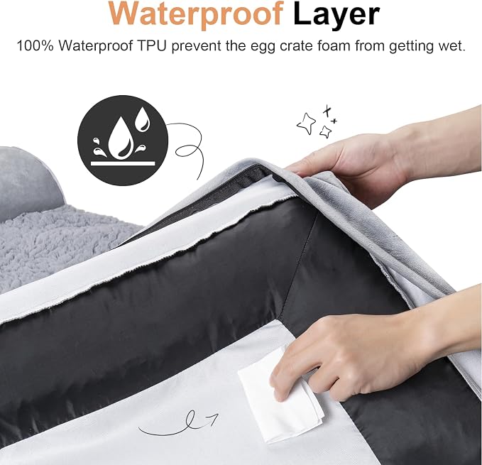 Orthopedic Dog Bed for X-Large Dogs, 40 x 32 Inch, Light Grey | Egg crate foam for joint support, 3-sided bolster pet sofa, waterproof lining, washable cover, and non-skid base